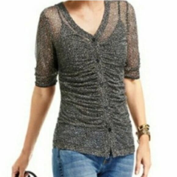 CAbi Leopard Sheer Gathered Placket Ruched Blouse Half Sleeve M Black White - Picture 1 of 15